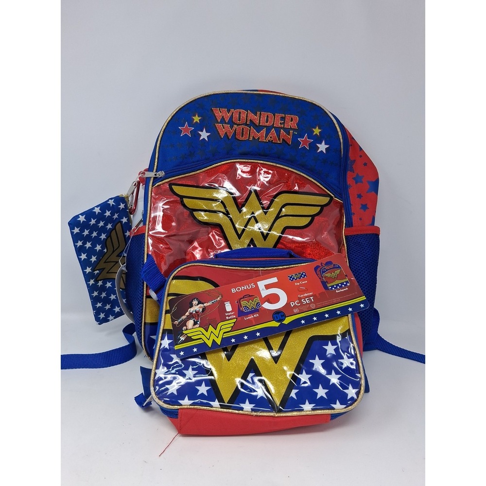 Large Backpack DC Comics Wonder Woman 5pc Lunch Bag Bottle  Set 16" NEW Read. Q